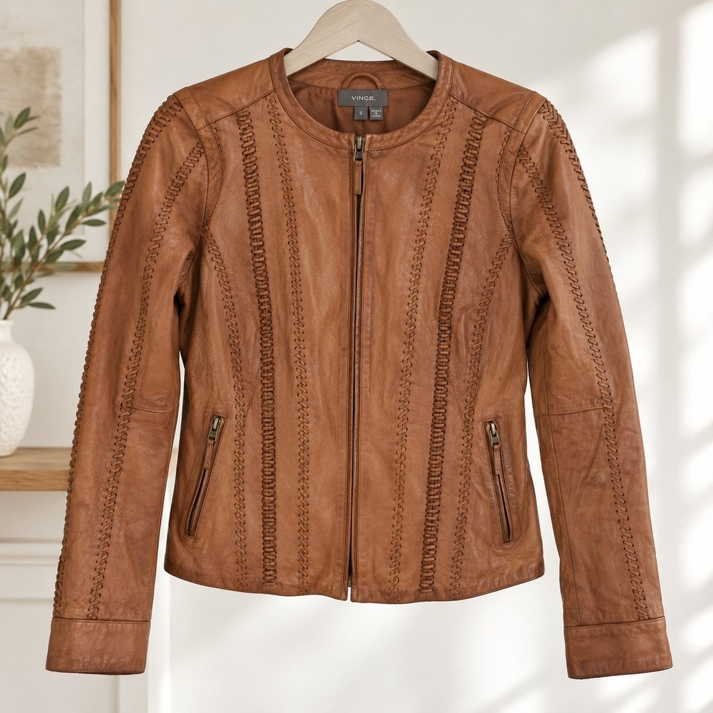 Vince Womens S Brown 100% Leather Jacket Woven Whipstitch Boho Moto Zip
